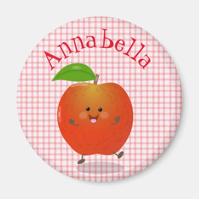 Cute happy kawaii apple cartoon illustration magnet (Front)