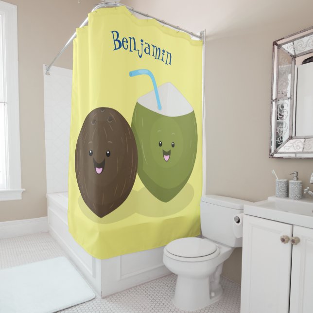 Cute happy kawaii coconuts cartoon illustration (In Situ)