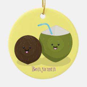 Cute happy kawaii coconuts cartoon illustration ceramic ornament