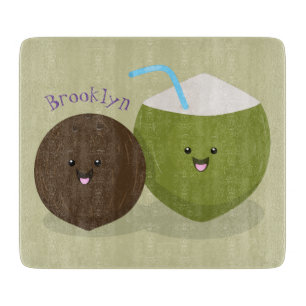 Cute happy kawaii coconuts cartoon illustration cutting board
