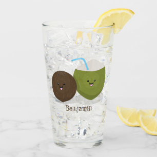 Cute happy kawaii coconuts cartoon illustration glass