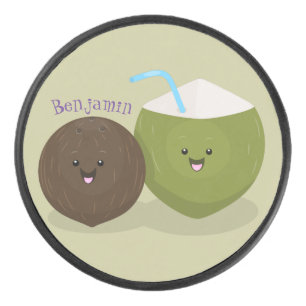 Cute happy kawaii coconuts cartoon illustration hockey puck