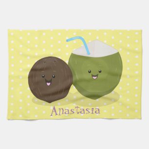 Cute happy kawaii coconuts cartoon illustration kitchen towel