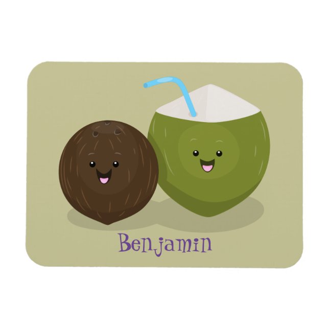 Cute happy kawaii coconuts cartoon illustration magnet (Horizontal)