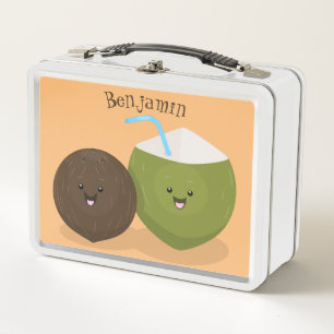 Cute happy kawaii coconuts cartoon illustration metal lunch box