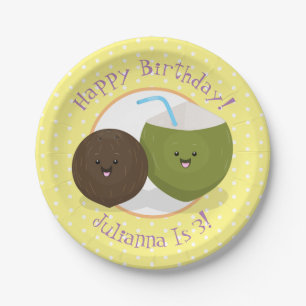 Cute happy kawaii coconuts cartoon illustration paper plate