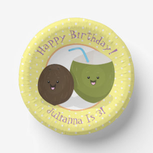 Cute happy kawaii coconuts cartoon illustration paper plate