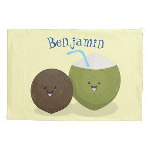 Cute happy kawaii coconuts cartoon illustration pillowcase