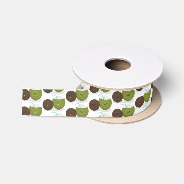 Cute happy kawaii coconuts cartoon illustration satin ribbon (Spool)
