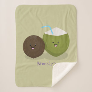 Cute happy kawaii coconuts cartoon illustration sherpa blanket