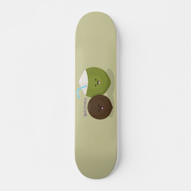 Cute happy kawaii coconuts cartoon illustration skateboard (Front)
