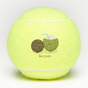 Cute happy kawaii coconuts cartoon illustration tennis balls