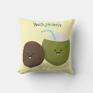 Cute happy kawaii coconuts cartoon illustration throw pillow
