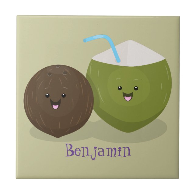 Cute happy kawaii coconuts cartoon illustration tile (Front)