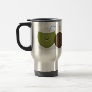 Cute happy kawaii coconuts cartoon illustration travel mug