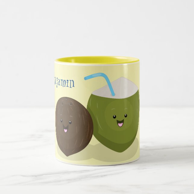 Cute happy kawaii coconuts cartoon illustration Two-Tone coffee mug (Center)