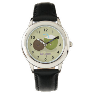 Cute happy kawaii coconuts cartoon illustration watch