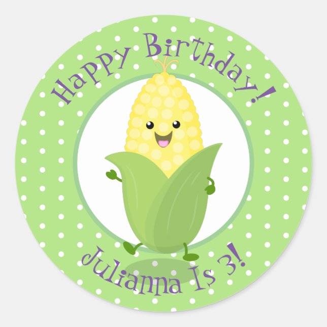 Cute happy kawaii corn cob cartoon illustration classic round sticker (Front)