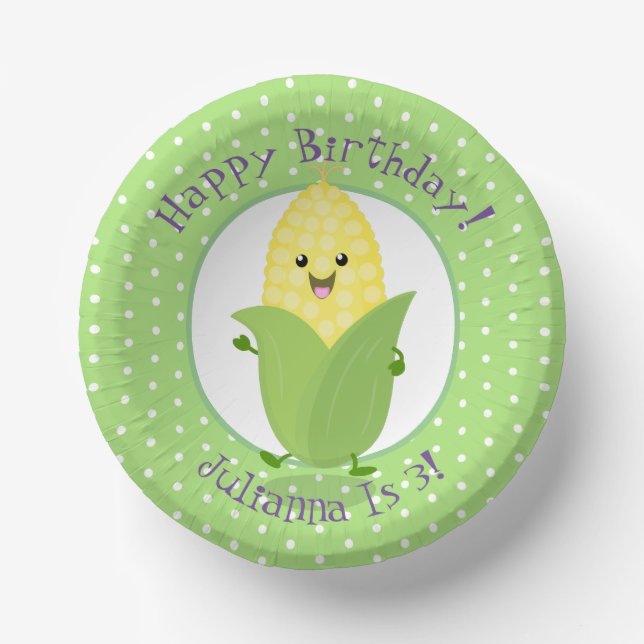 Cute happy kawaii corn cob cartoon illustration paper plate (Front)