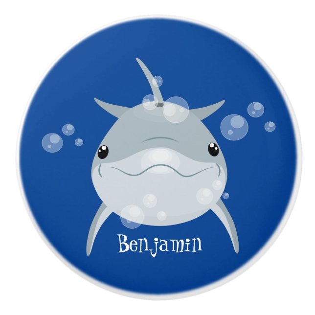 Cute happy kawaii dolphin cartoon ceramic knob (Front)