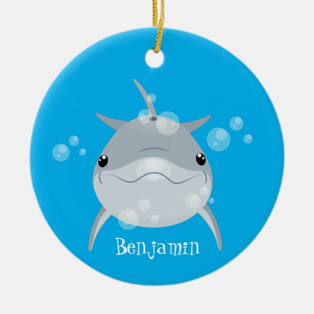 Cute happy kawaii dolphin cartoon ceramic ornament (Front)
