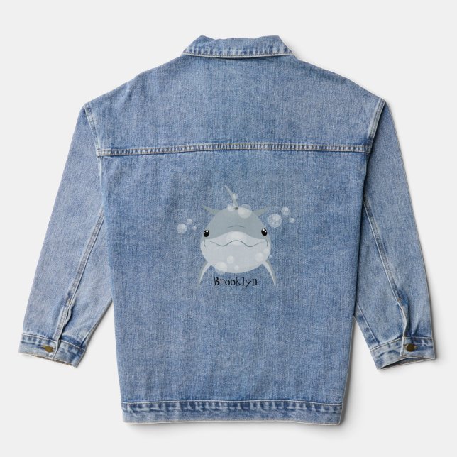 Cute happy kawaii dolphin cartoon denim jacket (Back)