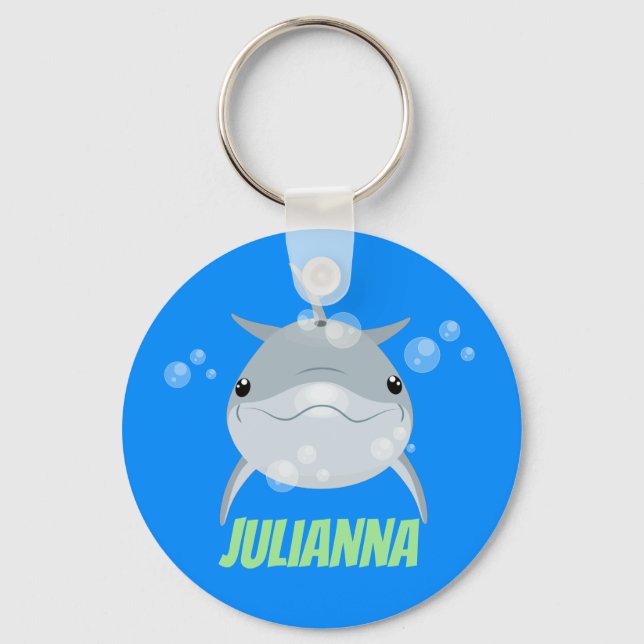 Cute happy kawaii dolphin cartoon illustration keychain (Front)