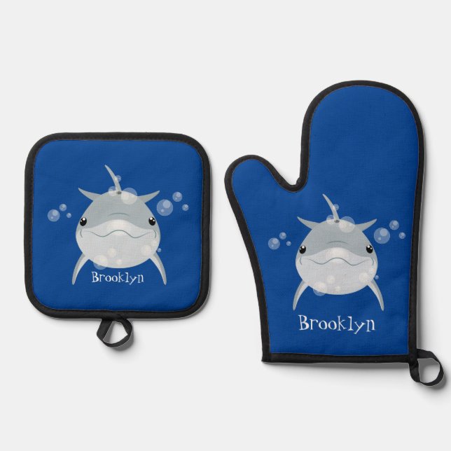 Cute happy kawaii dolphin cartoon oven mitt & pot holder set (Front)