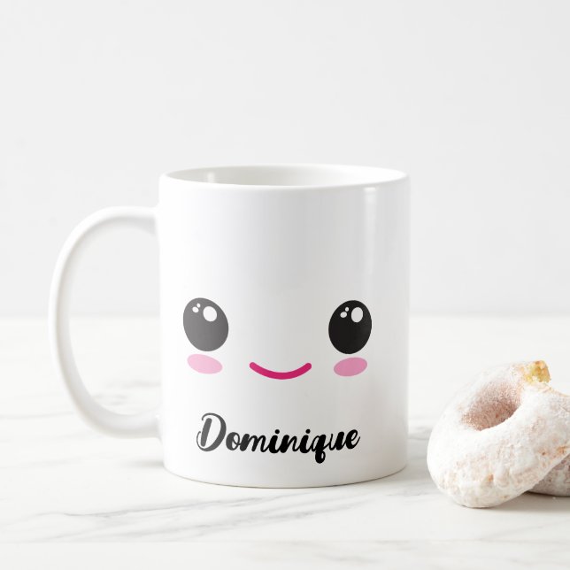 Cute Happy Kawaii Face - Customizable Name Mug (With Donut)