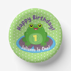 Cute happy kawaii green frog cartoon illustration paper plate