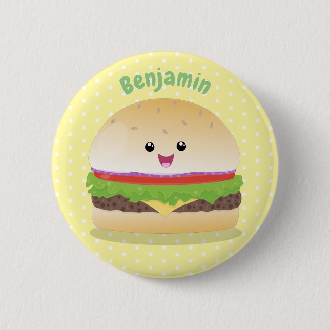 Cute happy kawaii hamburger cartoon 2 inch round button (Front)