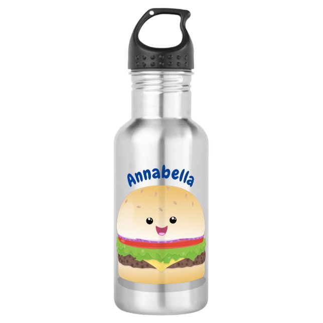 Cute happy kawaii hamburger cartoon 532 ml water bottle (Front)