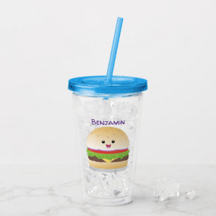 Cute happy kawaii hamburger cartoon acrylic tumbler