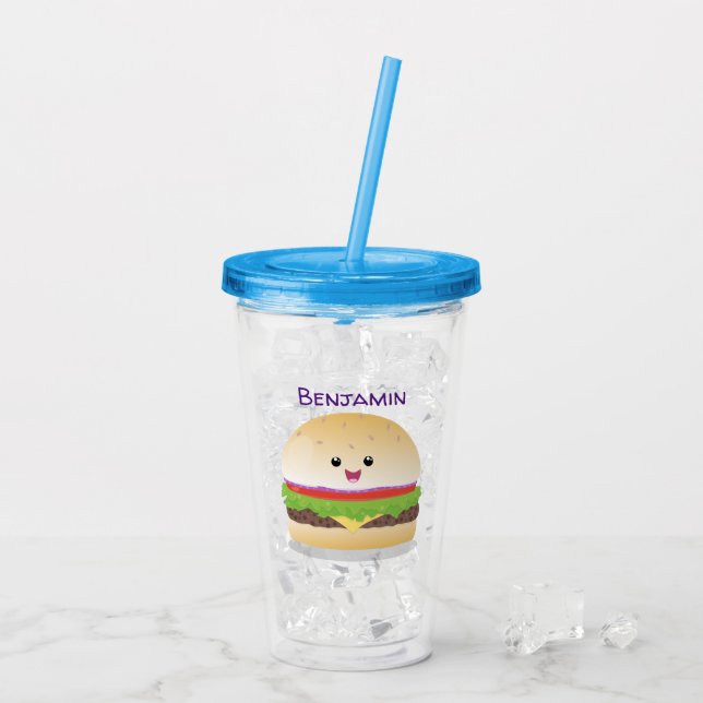 Cute happy kawaii hamburger cartoon acrylic tumbler (Back Ice)