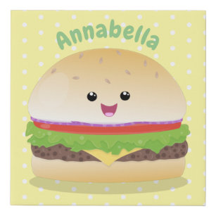 Cute happy kawaii hamburger cartoon faux canvas print