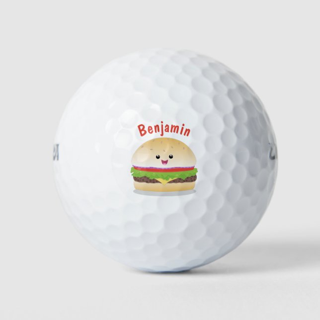 Cute happy kawaii hamburger cartoon golf balls (Front)