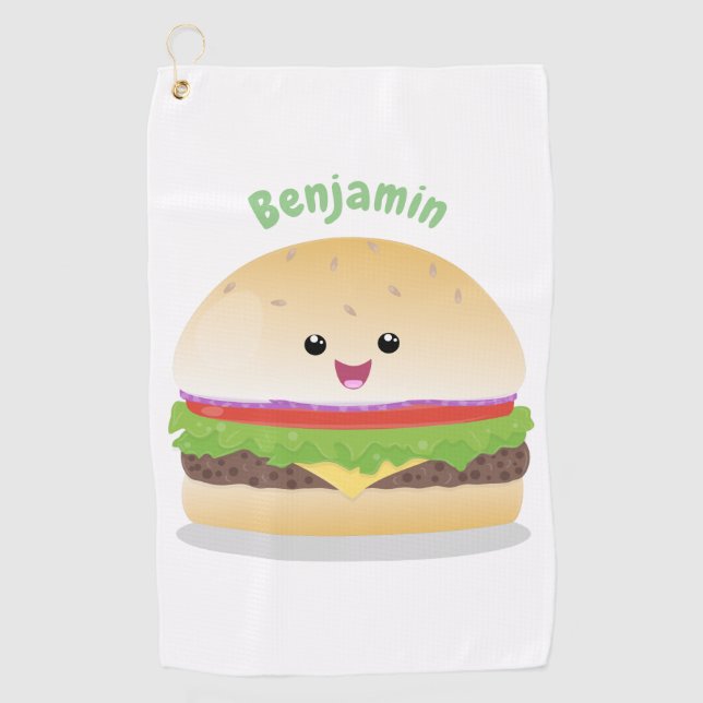 Cute happy kawaii hamburger cartoon  golf towel (Front)