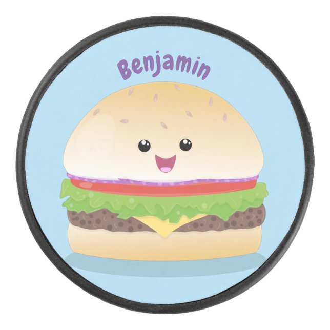Cute happy kawaii hamburger cartoon hockey puck (Front)