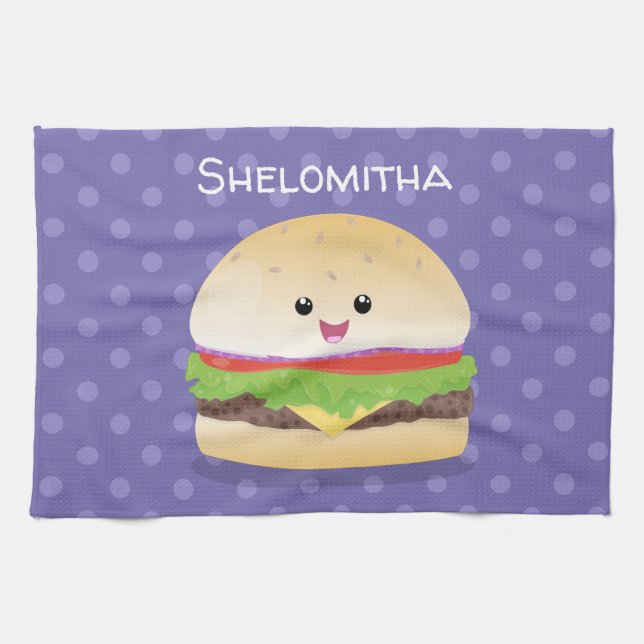 Cute happy kawaii hamburger cartoon kitchen towel (Horizontal)