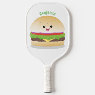 Cute happy kawaii hamburger cartoon pickleball paddle