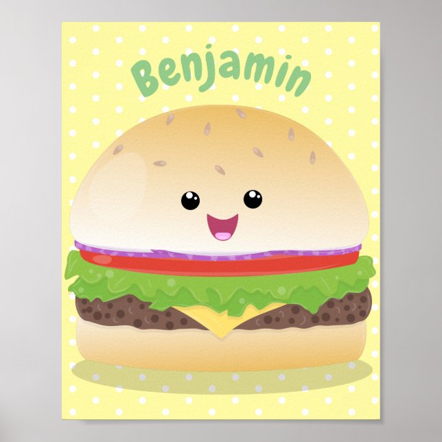 Cute happy kawaii hamburger cartoon poster (Front)