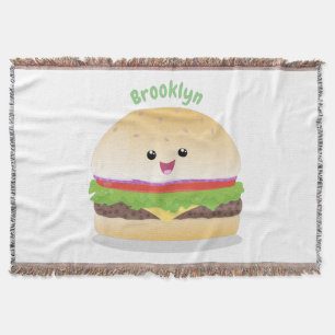 Cute happy kawaii hamburger cartoon throw blanket