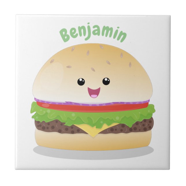 Cute happy kawaii hamburger cartoon tile (Front)