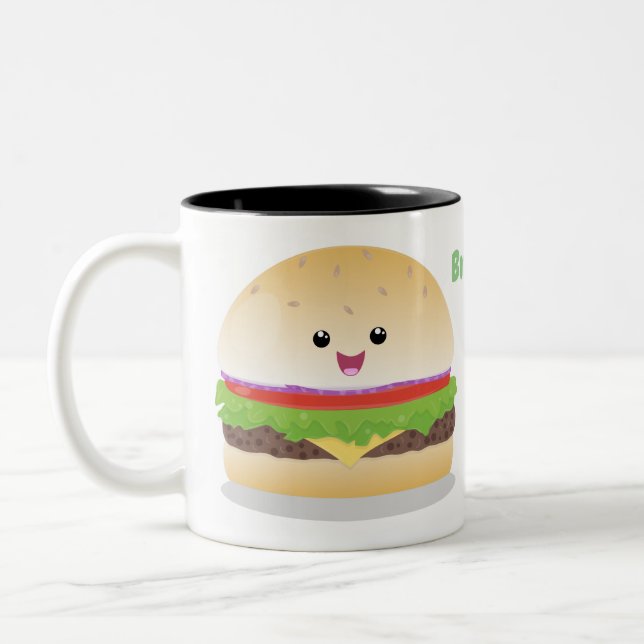 Cute happy kawaii hamburger cartoon Two-Tone coffee mug (Left)