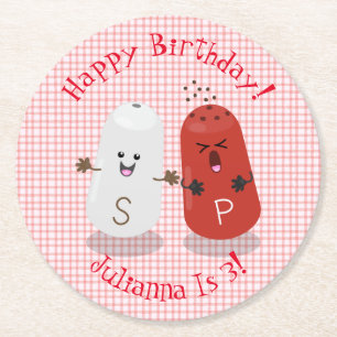 Cute happy kawaii salt and pepper cartoon round paper coaster