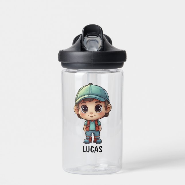 Cute Happy Kid Camper Personalize  Water Bottle (Front)