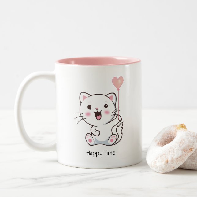 Cute happy kitty cat holding a balloon Two-Tone coffee mug (With Donut)