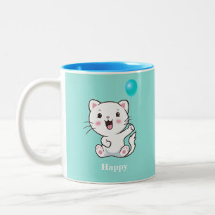Cute Happy Kitty Cat with Balloon on Turquoise Two Two-Tone Coffee Mug