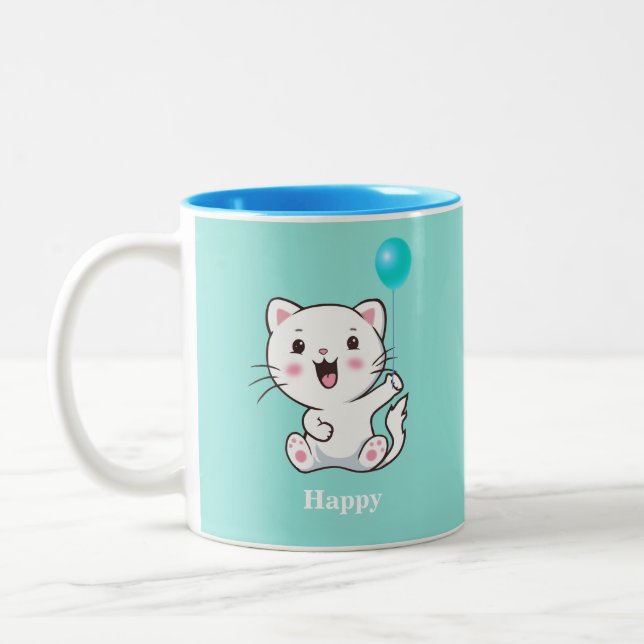 Cute Happy Kitty Cat with Balloon on Turquoise Two Two-Tone Coffee Mug (Left)