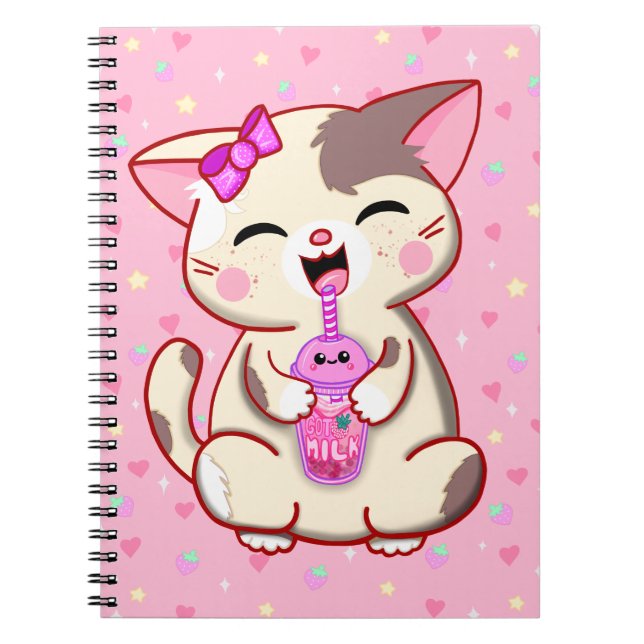 Cute Happy Kitty Pink Strawberry Milk Notebook  (Front)